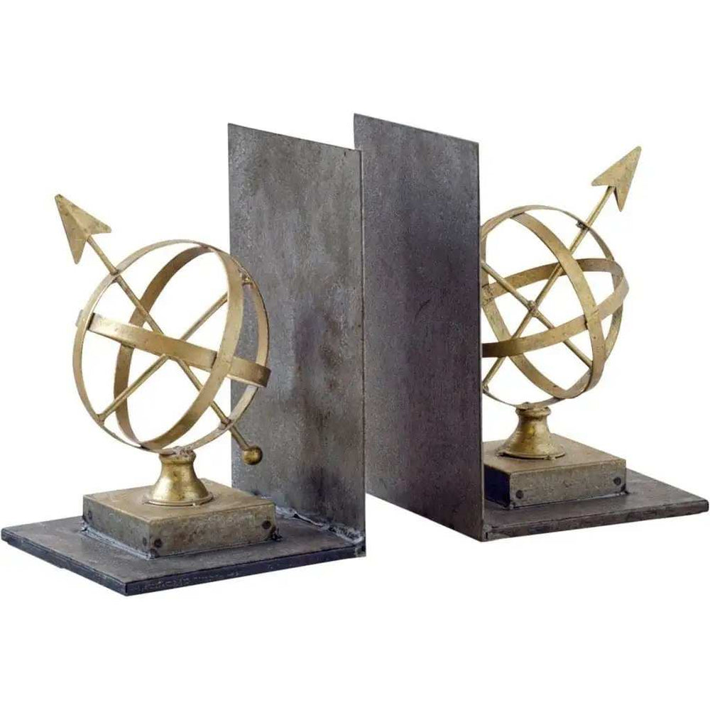 Set of Two Gold Metal Sphere Compass Decorative Bookends - Homeroots - Flyclothing LLC