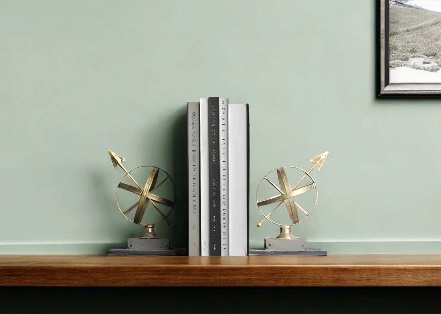 Set of Two Gold Metal Sphere Compass Decorative Bookends - Homeroots - Flyclothing LLC