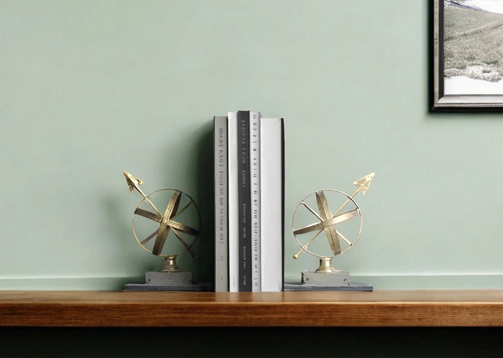 Set of Two Gold Metal Sphere Compass Decorative Bookends - Homeroots