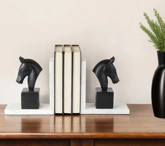 Black Stallion On White Marble Bookends - Homeroots - Flyclothing LLC