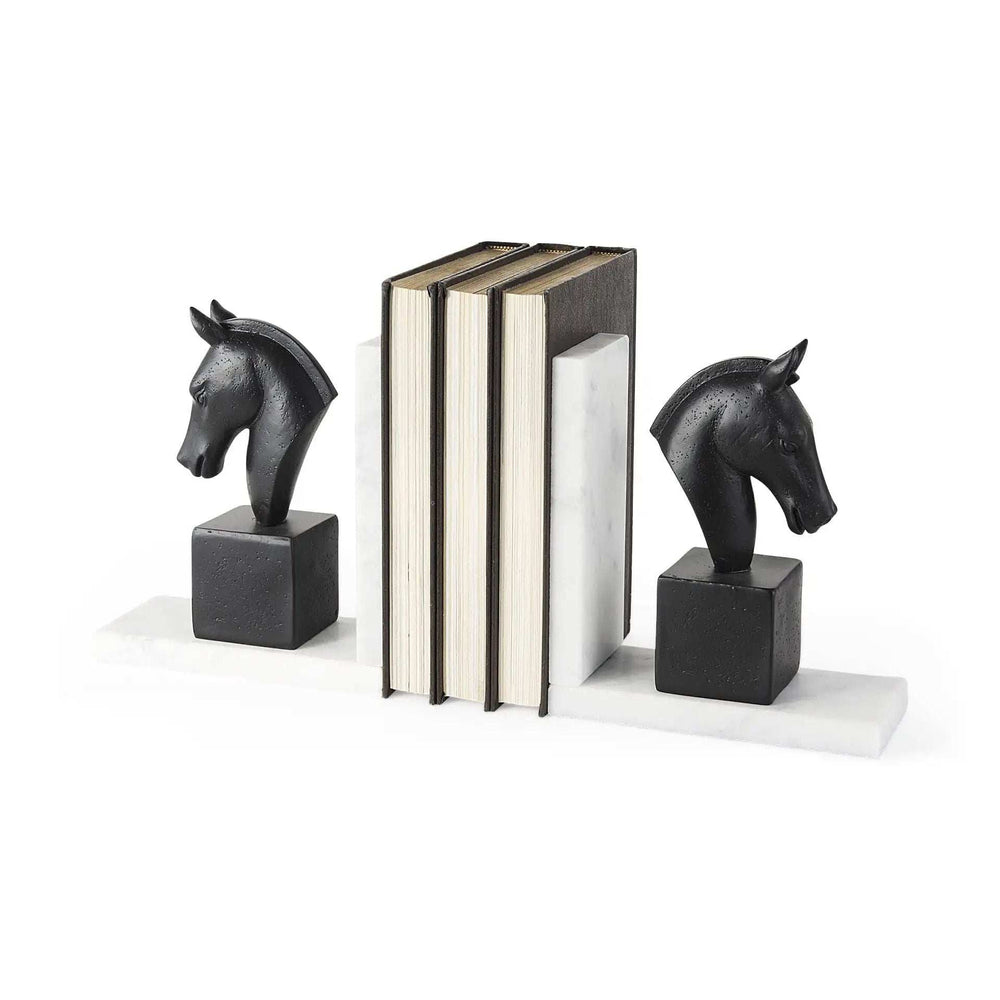 Black Stallion On White Marble Bookends - Homeroots - Flyclothing LLC