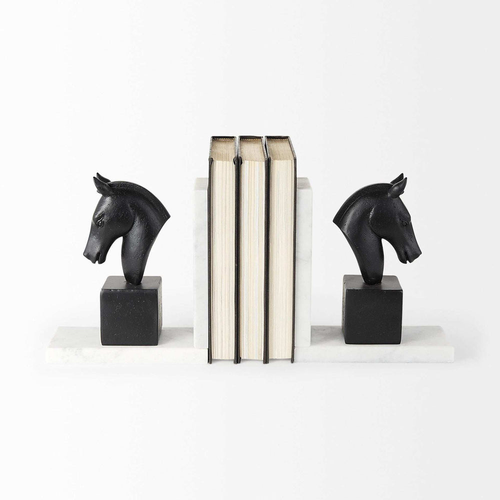 Black Stallion On White Marble Bookends - Homeroots - Flyclothing LLC