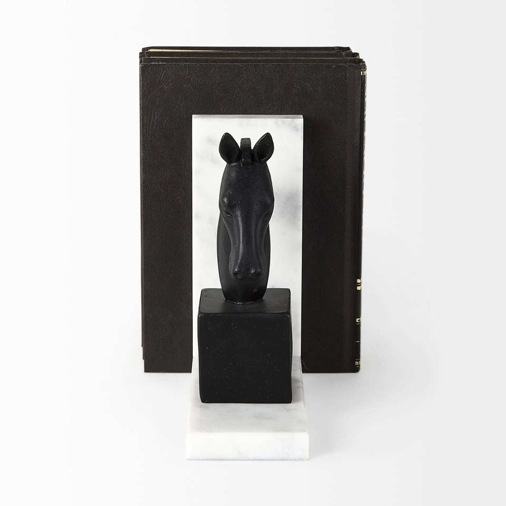 Black Stallion On White Marble Bookends - Homeroots - Flyclothing LLC