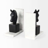 Black Stallion On White Marble Bookends - Homeroots - Flyclothing LLC
