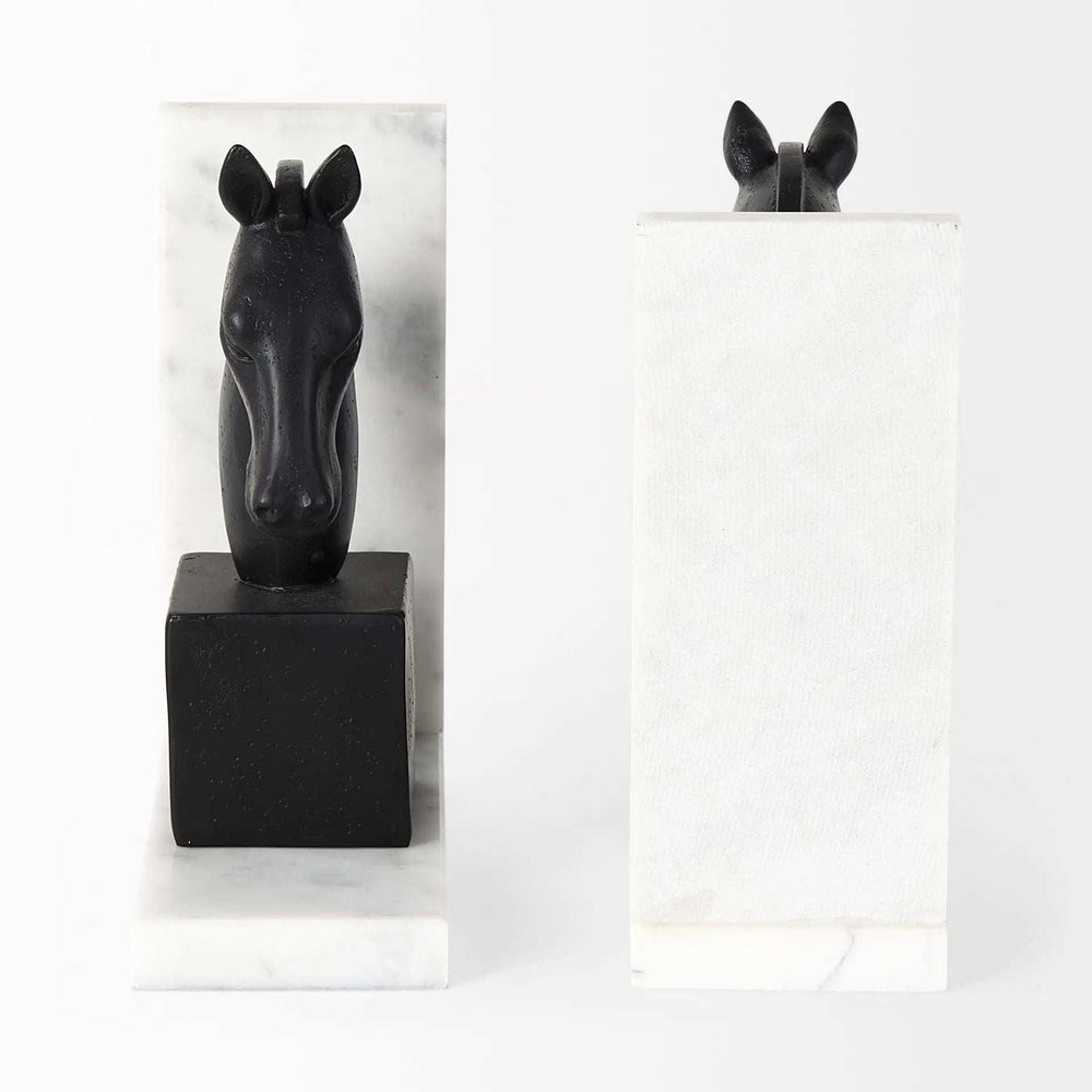 Black Stallion On White Marble Bookends - Homeroots - Flyclothing LLC
