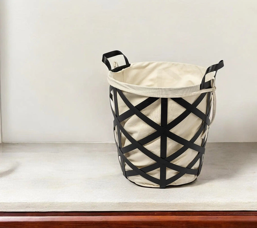 15" Black and Ivory Metal Basket - Homeroots