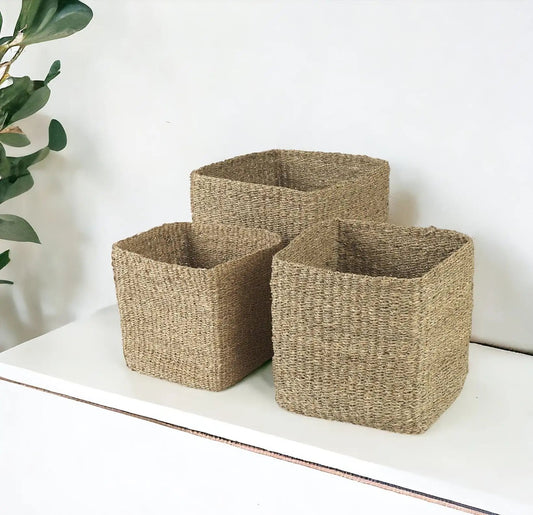 Set of Three 16" Brown Square Wicker Basket - Homeroots