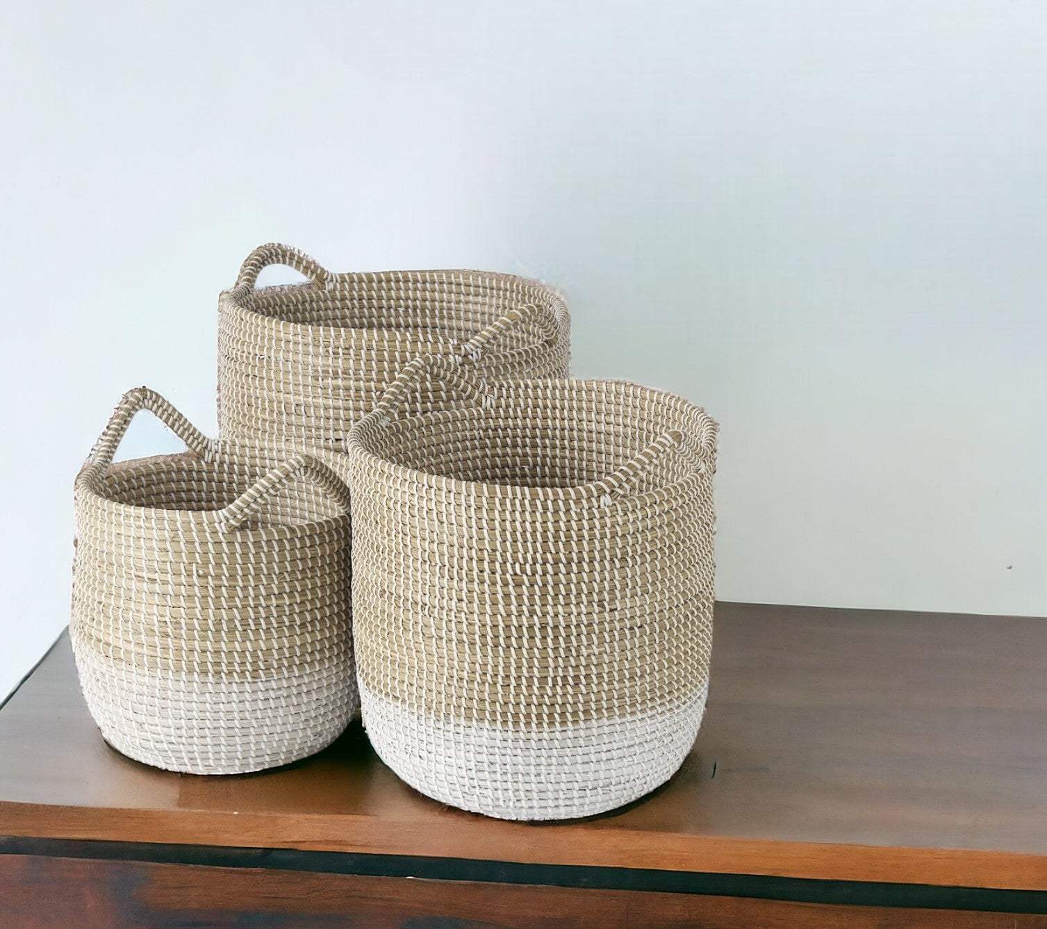 Set Of Three Beige And White Storage Baskets - Homeroots - Flyclothing LLC