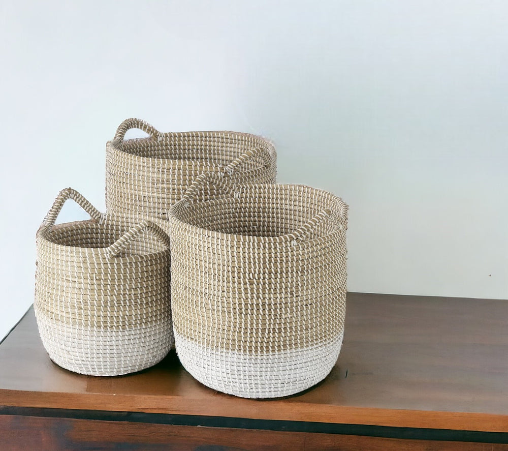 Set Of Three Beige And White Storage Baskets - Homeroots