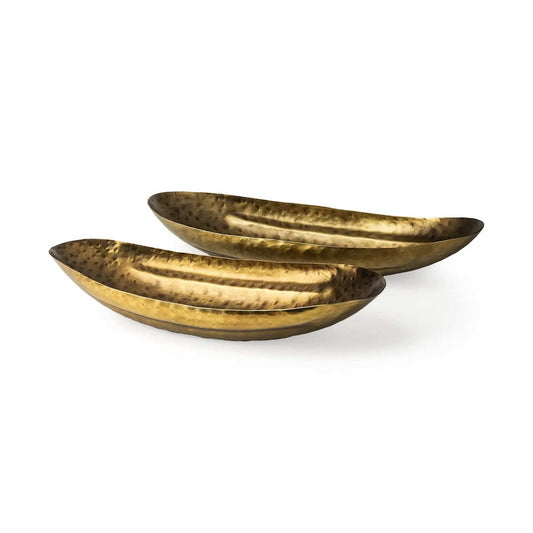 Set Of Two Gold Boat Shaped Hammered Bowls - Homeroots - Flyclothing LLC