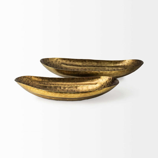 Set Of Two Gold Boat Shaped Hammered Bowls - Homeroots - Flyclothing LLC