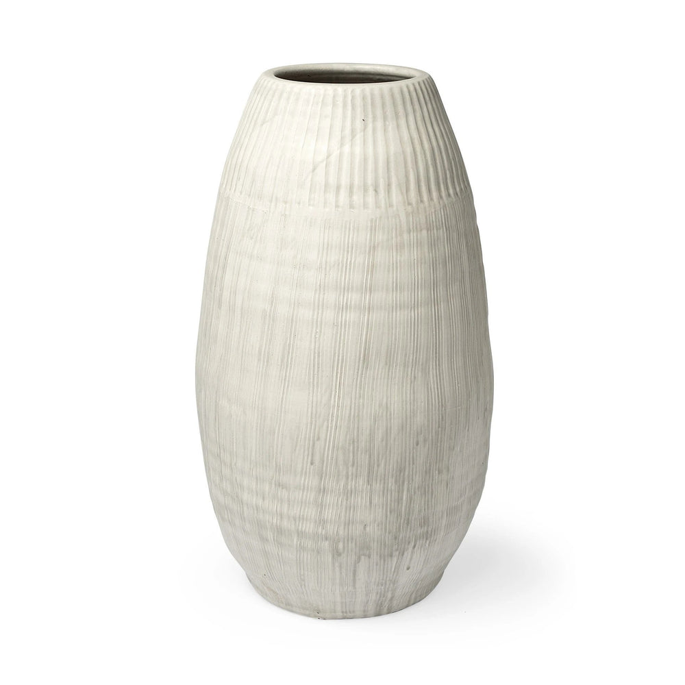 White Embossed Stripes Ceramic Vase - Homeroots