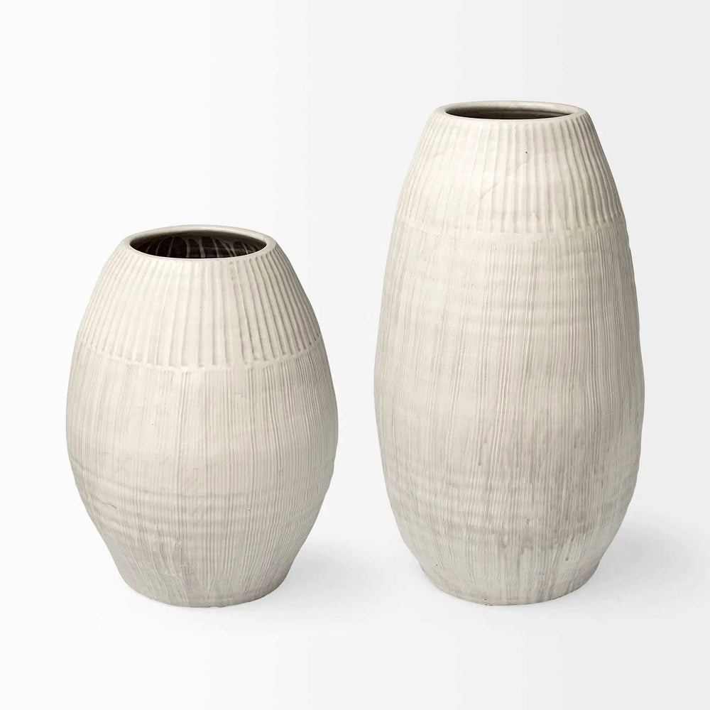 White Embossed Stripes Ceramic Vase - Homeroots - Flyclothing LLC