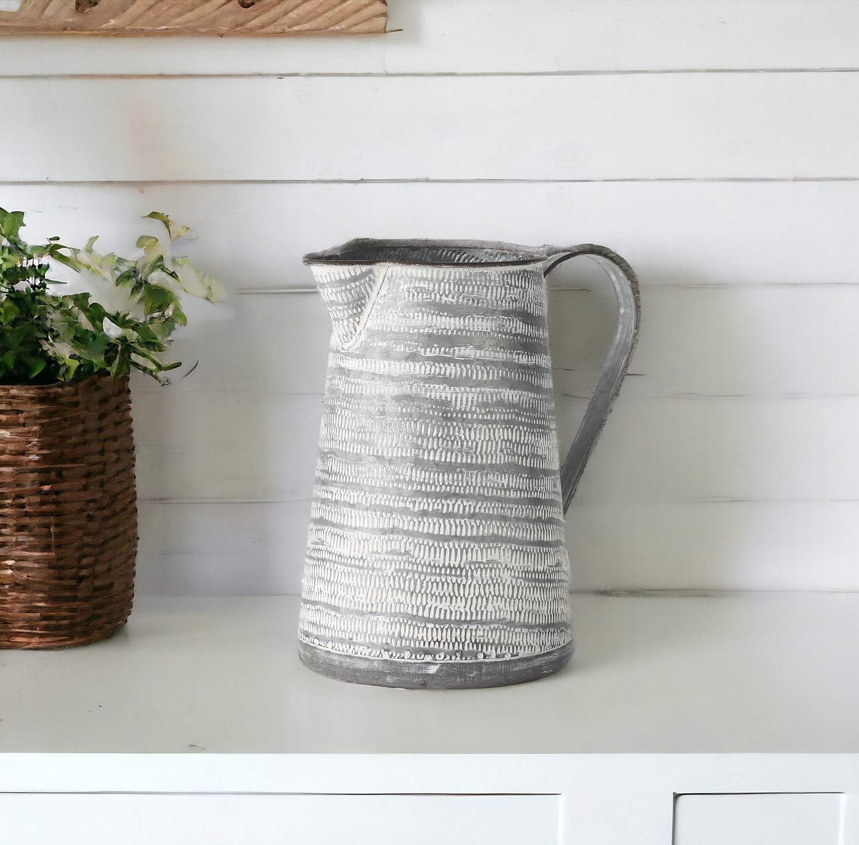 11" Gray and White Abstract Metal Jug Vase - Homeroots - Flyclothing LLC
