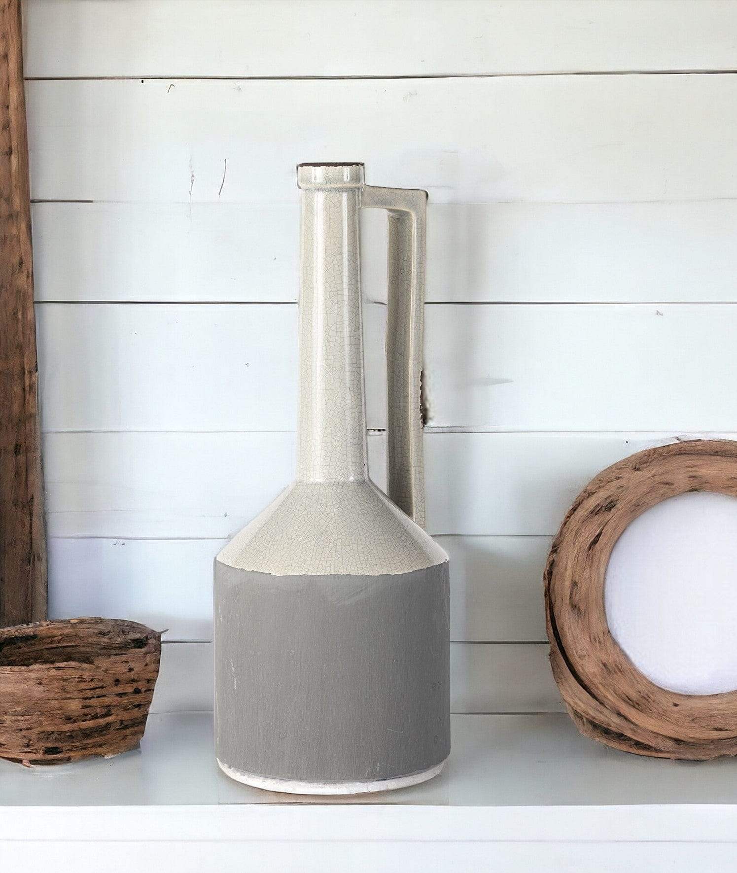 16" Gray and Off White Ceramic Tall Jug Vase - Homeroots - Flyclothing LLC