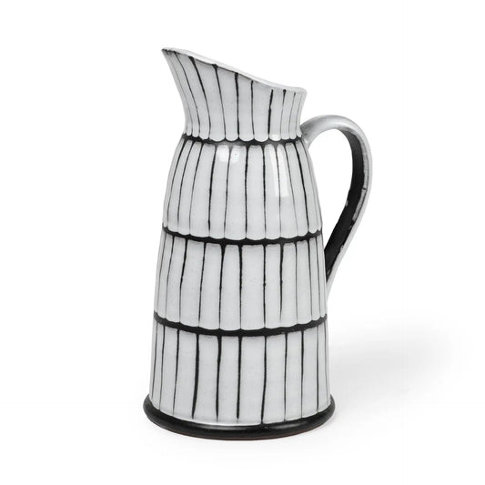 13" White And Black Artisan Glaze Ceramic Pitcher - Homeroots