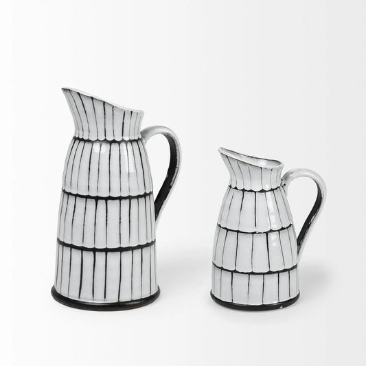 13" White And Black Artisan Glaze Ceramic Pitcher - Homeroots