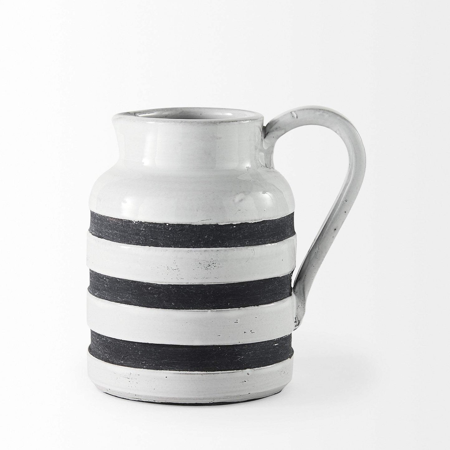 7" Rustic White And Blue Stripe Ceramic Jug - Homeroots - Flyclothing LLC
