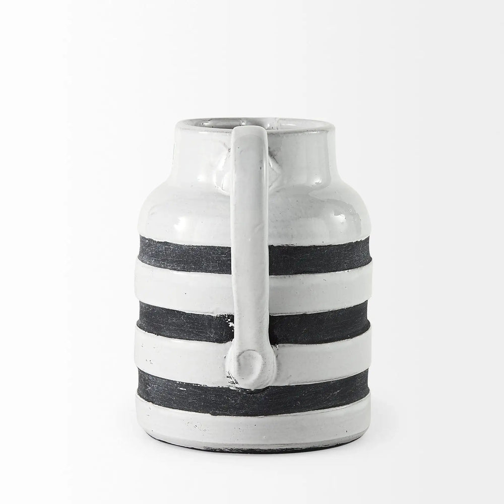 7" Rustic White And Blue Stripe Ceramic Jug - Homeroots