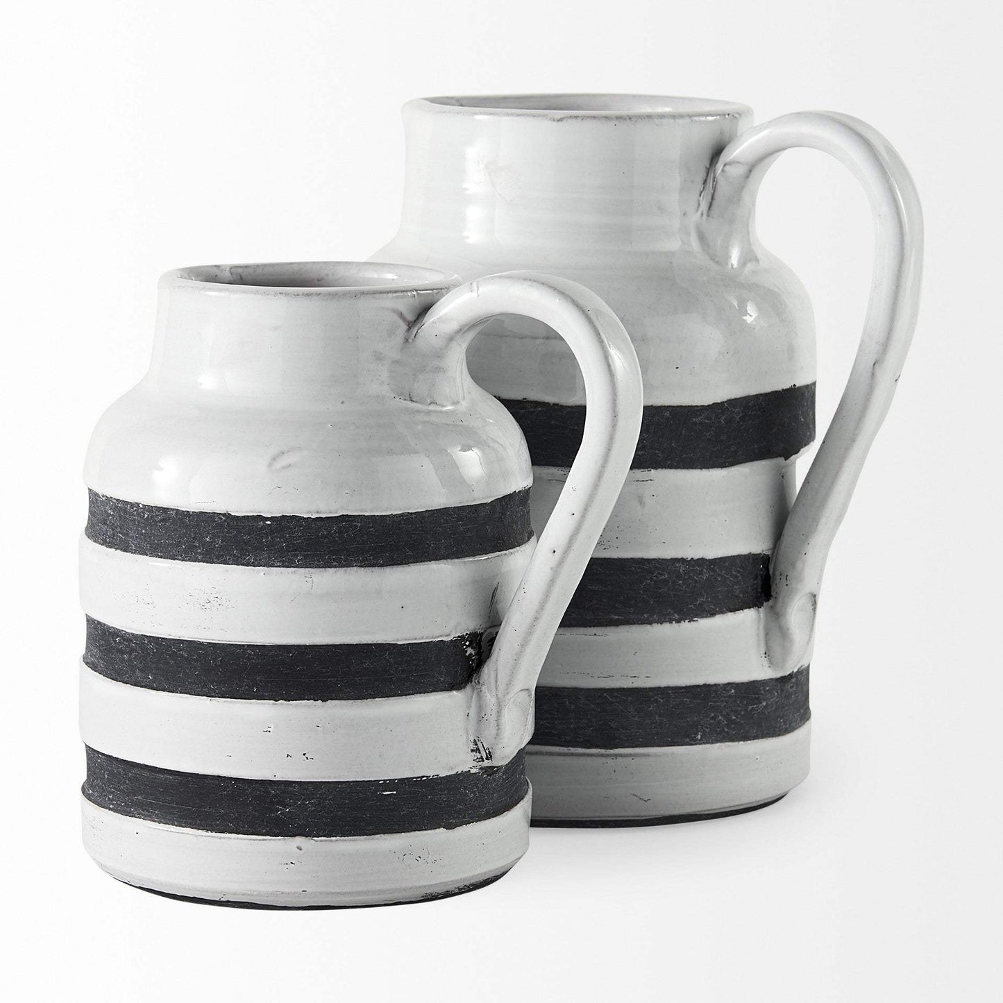 7" Rustic White And Blue Stripe Ceramic Jug - Homeroots - Flyclothing LLC