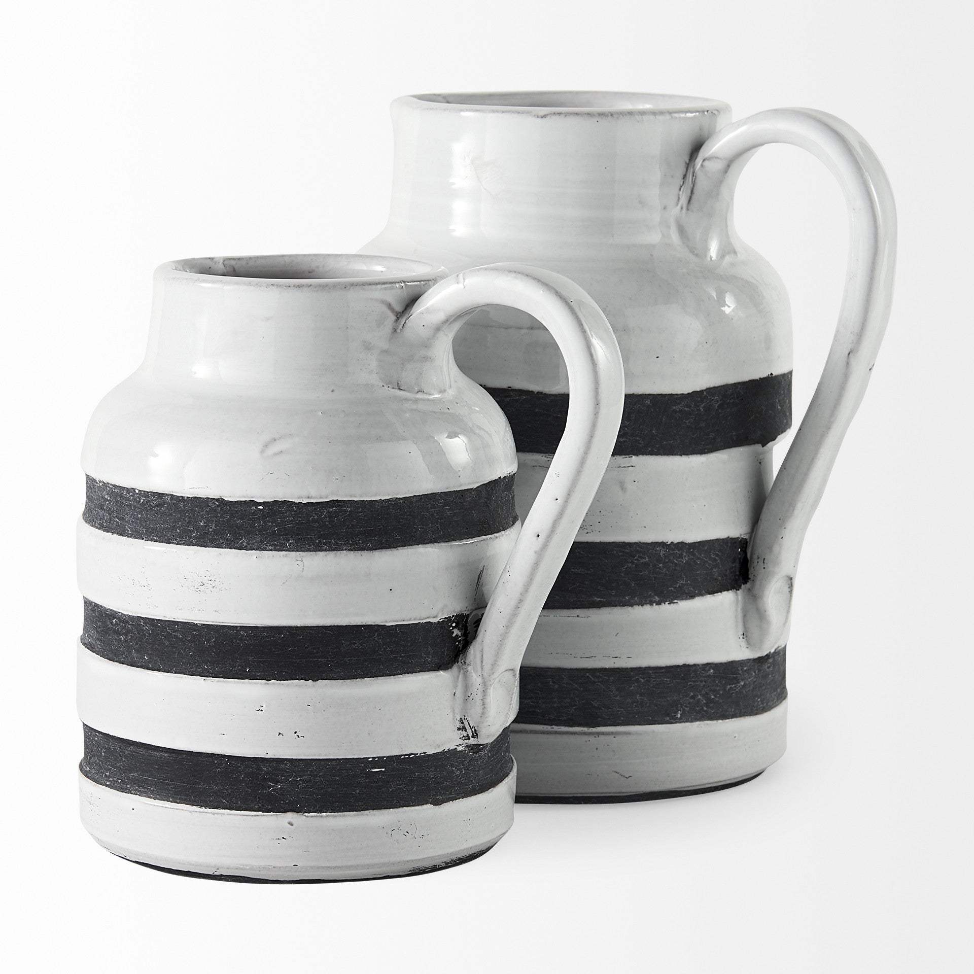 7" Rustic White And Blue Stripe Ceramic Jug - Homeroots - Flyclothing LLC