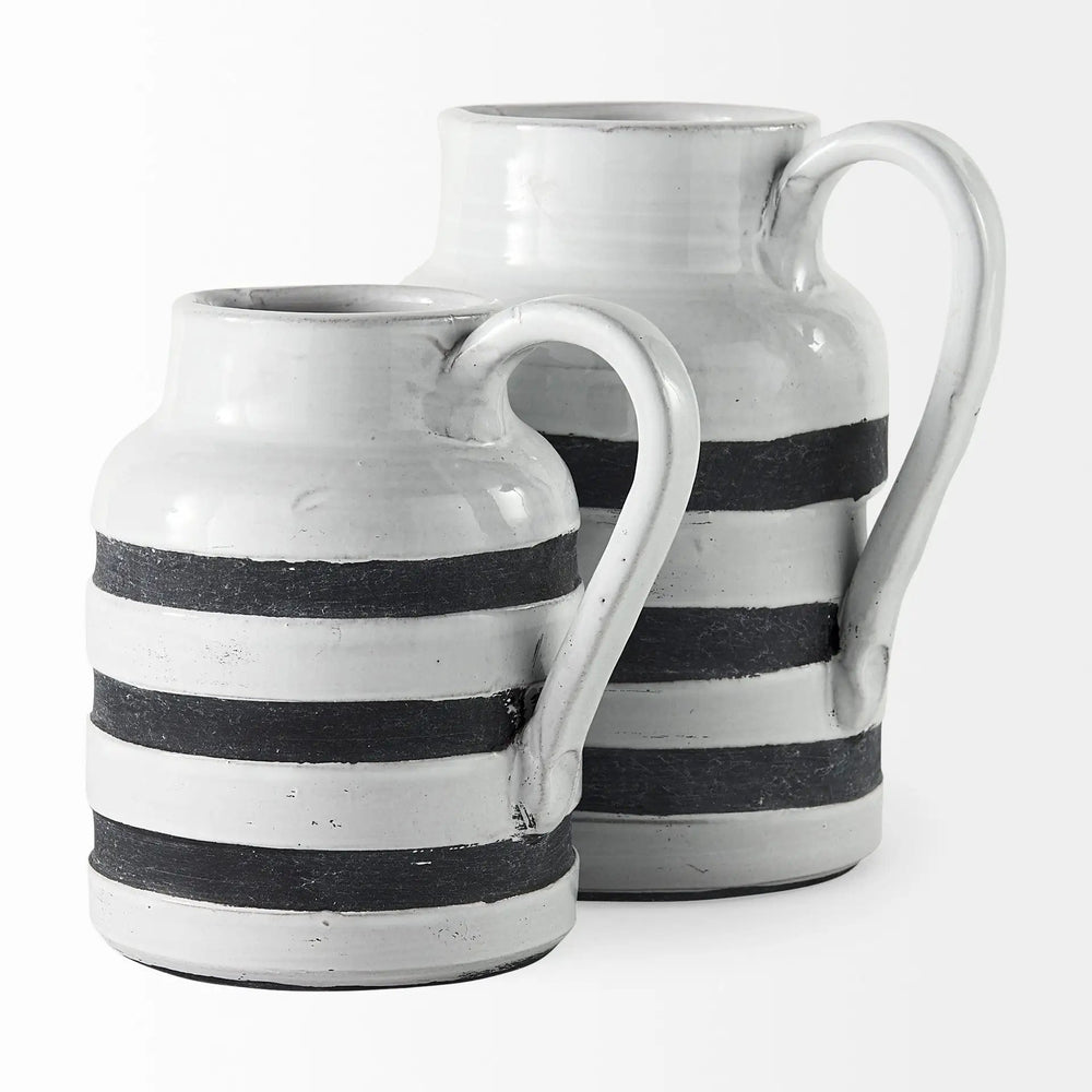 7" Rustic White And Blue Stripe Ceramic Jug - Homeroots