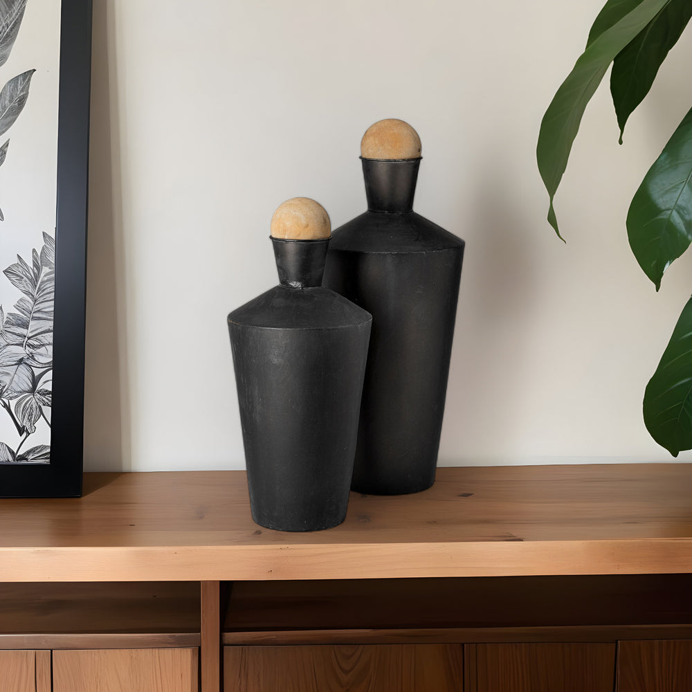 Set of Two Black and Brown Metal Cylindrical Urns - Homeroots