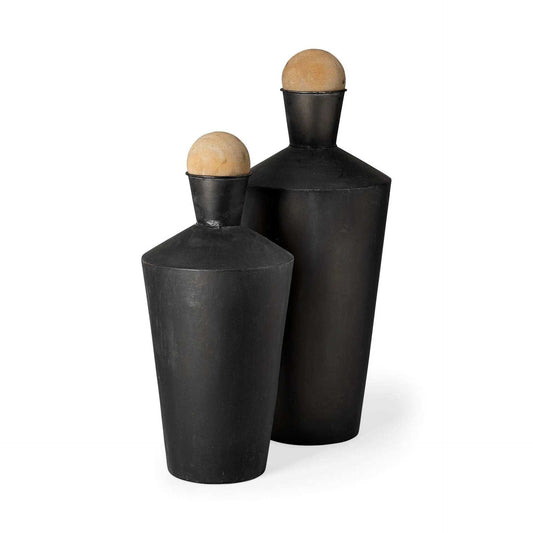 Set of Two Black and Brown Metal Cylindrical Urns - Homeroots - Flyclothing LLC