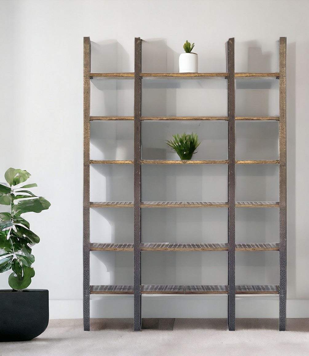 90" Brown Distressed Iron and Solid Wood Six Tier Bookcase - Homeroots - Flyclothing LLC