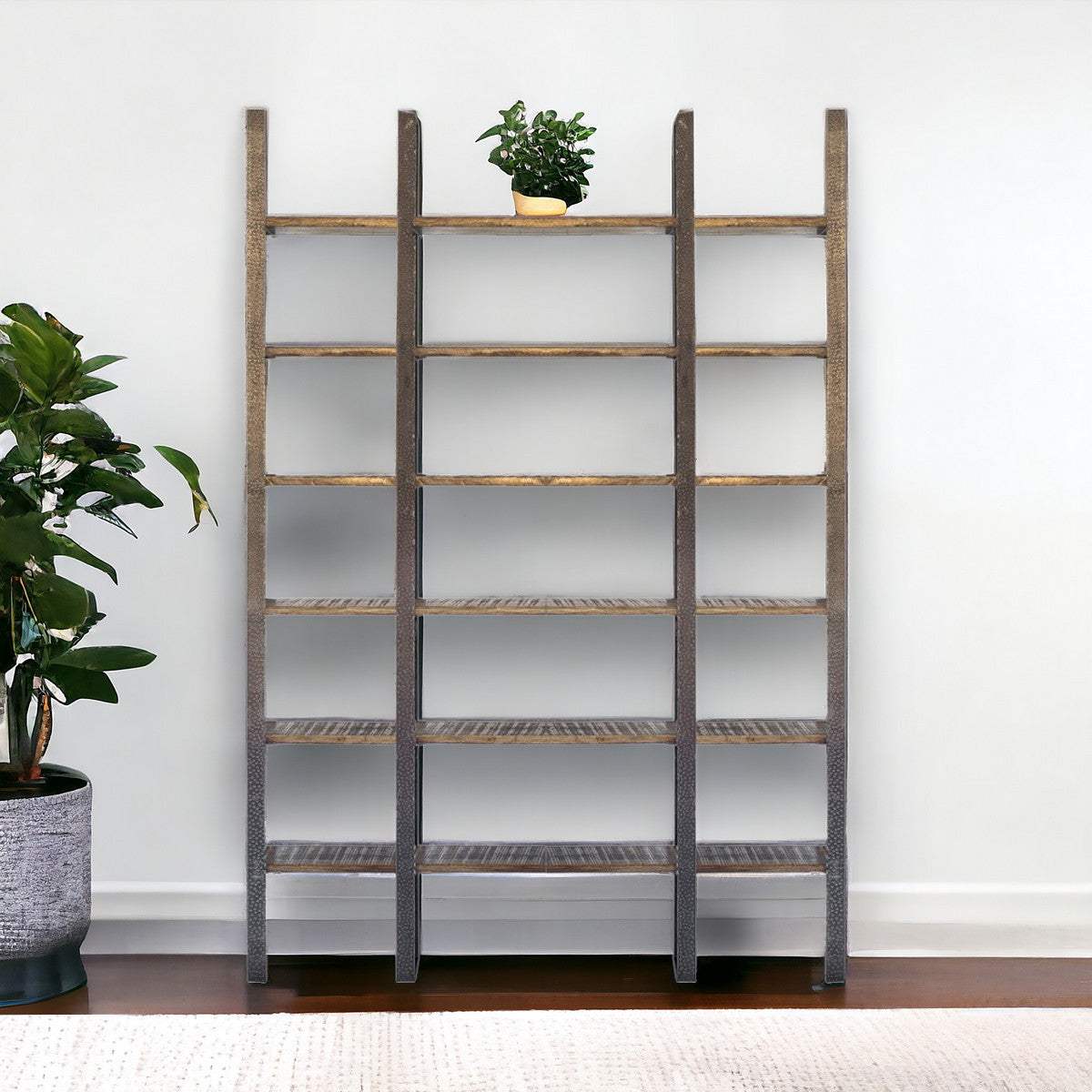 90" Brown Distressed Iron and Solid Wood Six Tier Bookcase - Homeroots - Flyclothing LLC