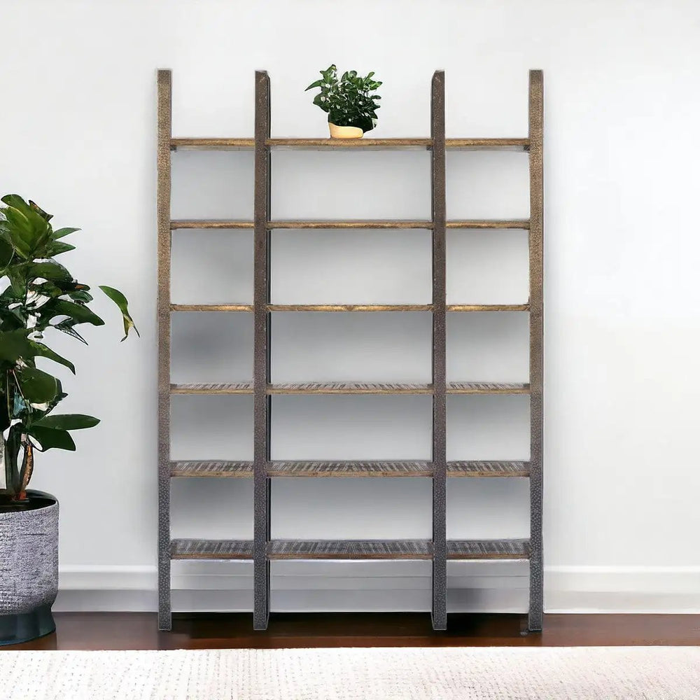 90" Brown Distressed Iron and Solid Wood Six Tier Bookcase - Homeroots