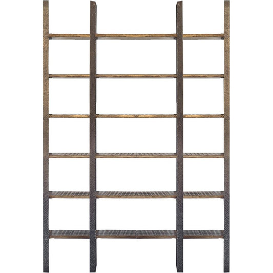 90" Brown Distressed Iron and Solid Wood Six Tier Bookcase