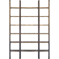 90" Brown Distressed Iron and Solid Wood Six Tier Bookcase