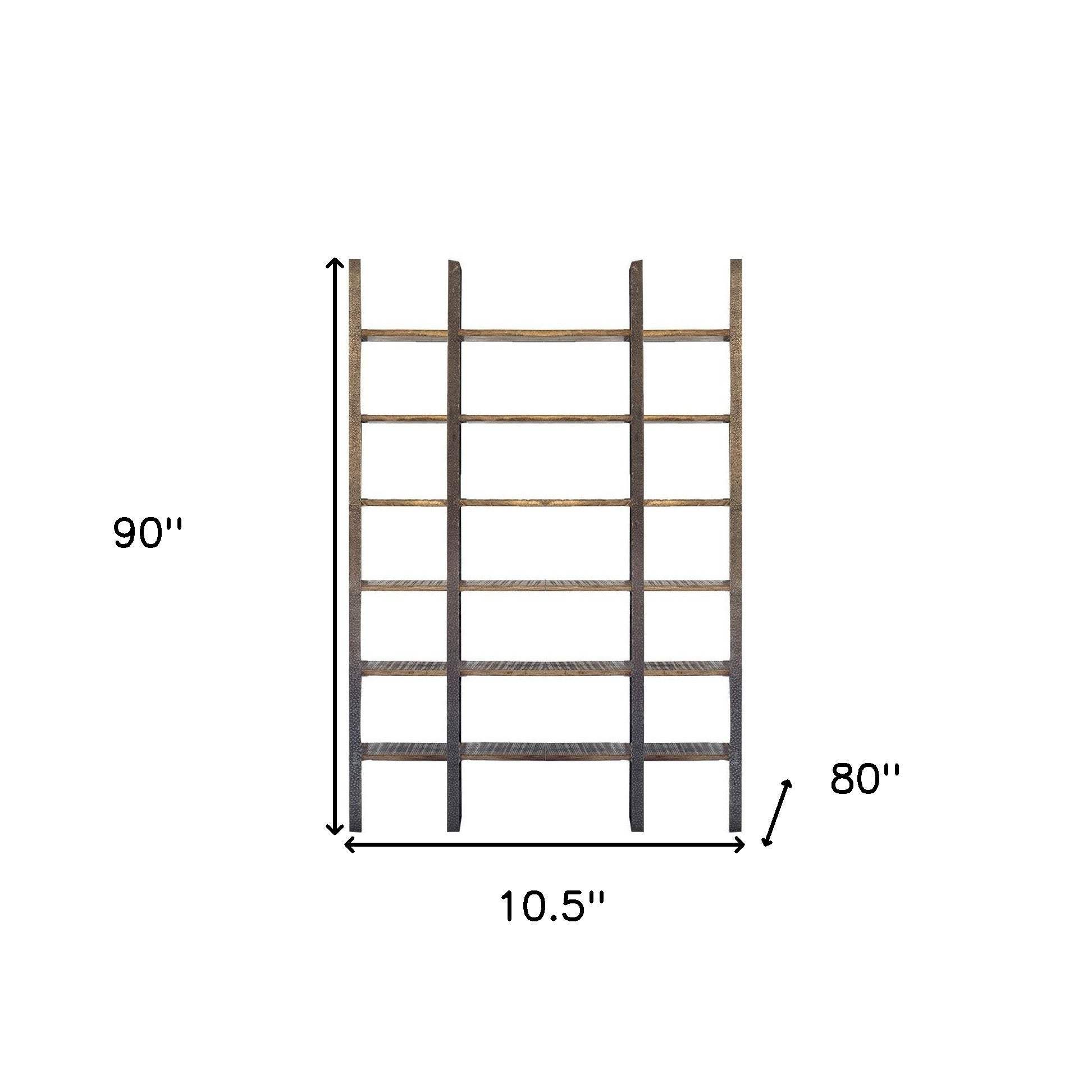 90" Brown Distressed Iron and Solid Wood Six Tier Bookcase - Homeroots - Flyclothing LLC