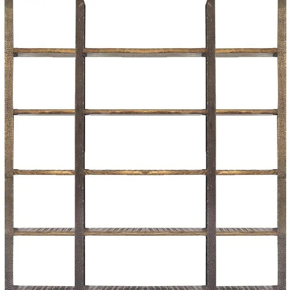 90" Brown Distressed Iron and Solid Wood Six Tier Bookcase - Homeroots