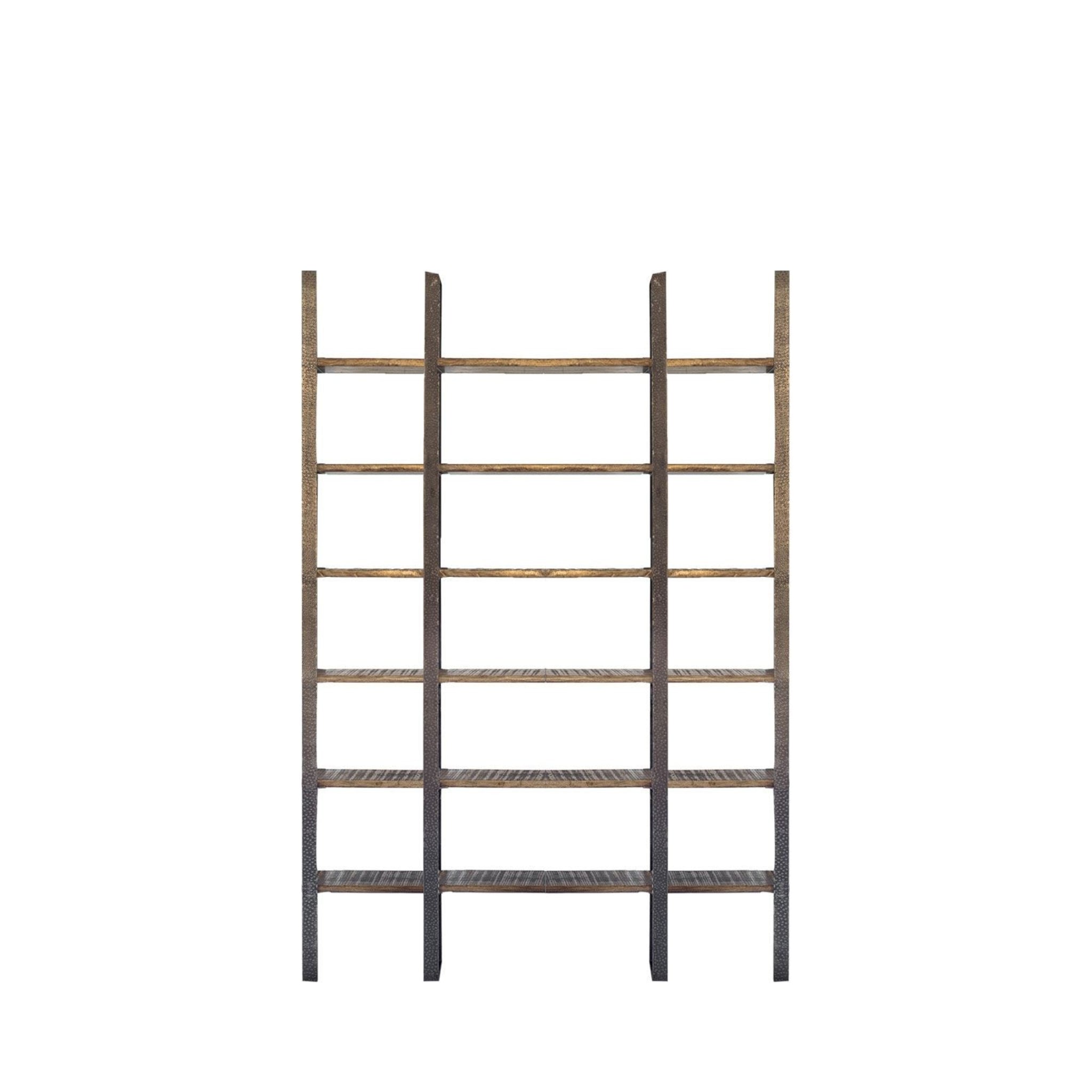 90" Brown Distressed Iron and Solid Wood Six Tier Bookcase
