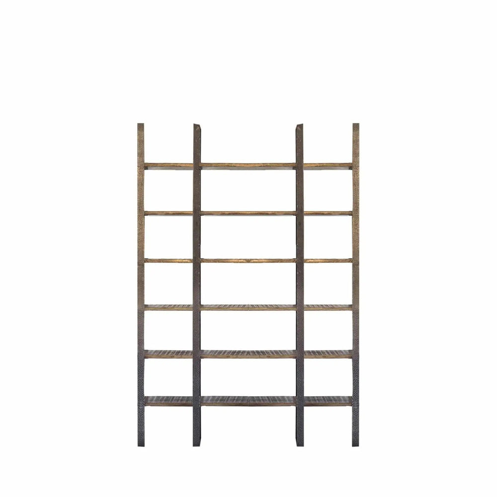 90" Brown Distressed Iron and Solid Wood Six Tier Bookcase - Homeroots