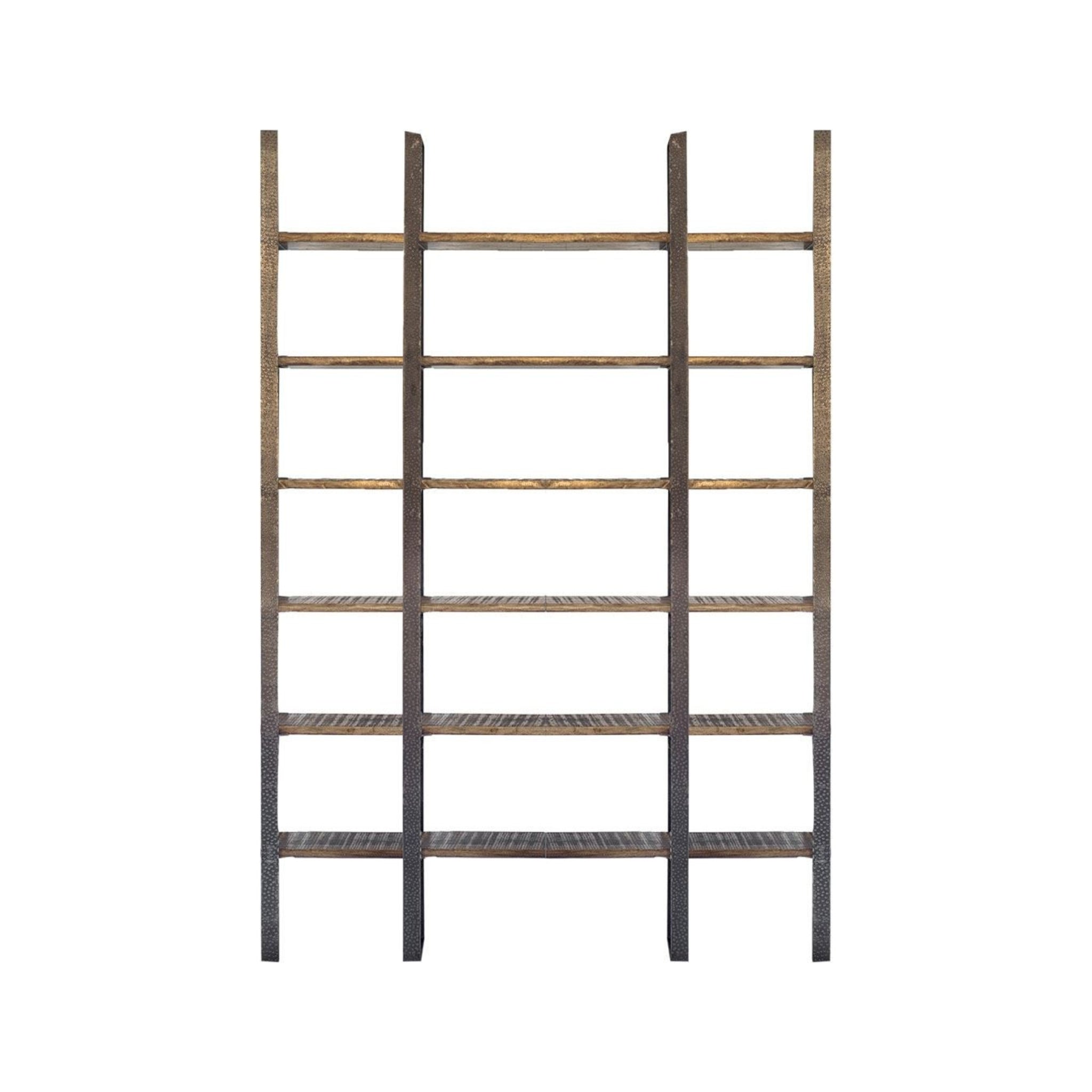 90" Brown Distressed Iron and Solid Wood Six Tier Bookcase