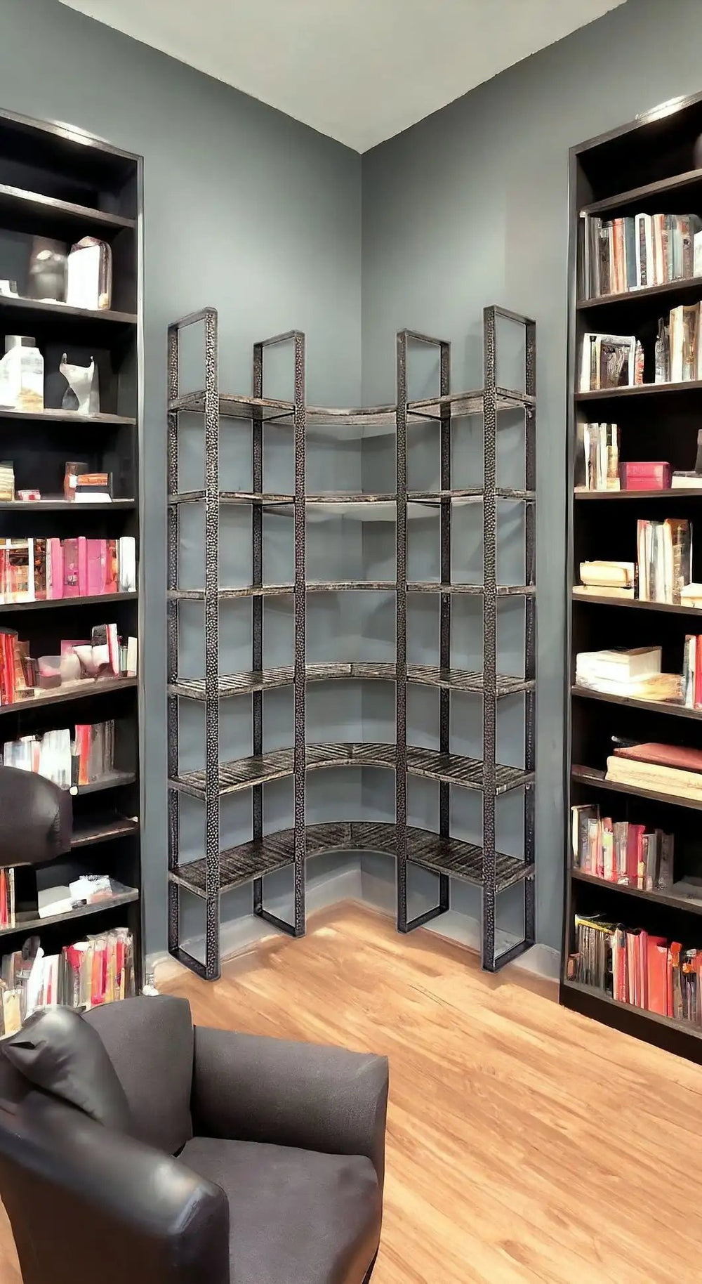 90" Black Iron Frame Curved Wooden Six Tier Shelving - Homeroots