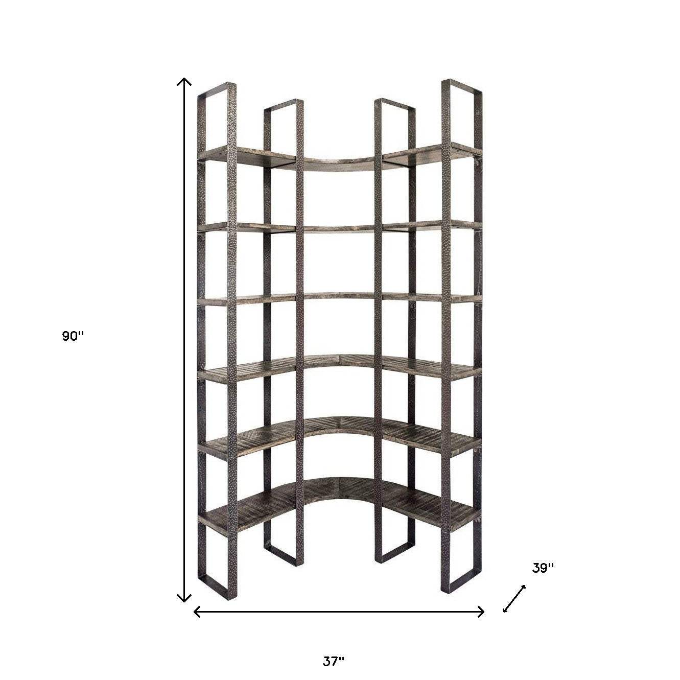 90" Black Iron Frame Curved Wooden Six Tier Shelving - Homeroots - Flyclothing LLC