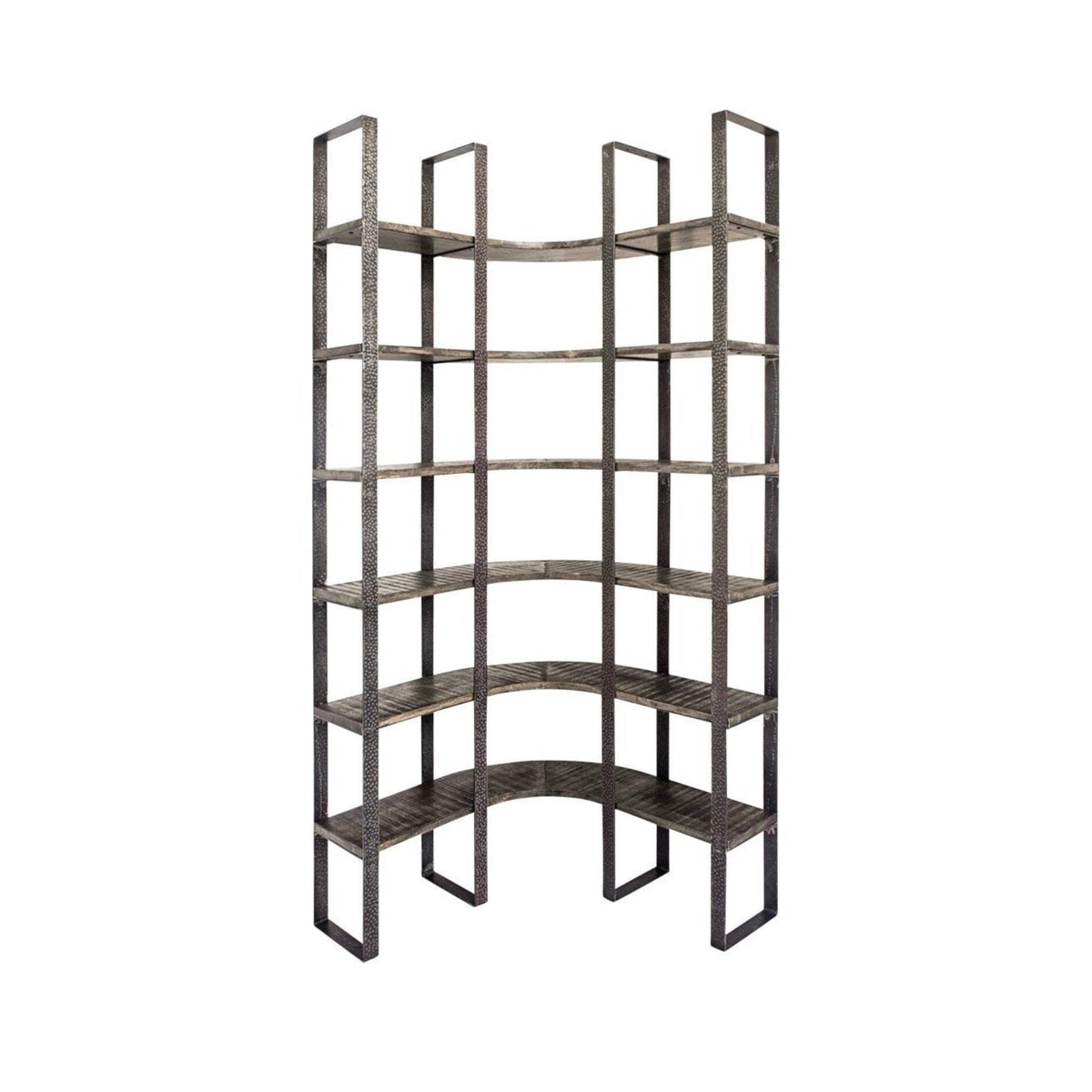 90" Black Iron Frame Curved Wooden Six Tier Shelving - Homeroots - Flyclothing LLC