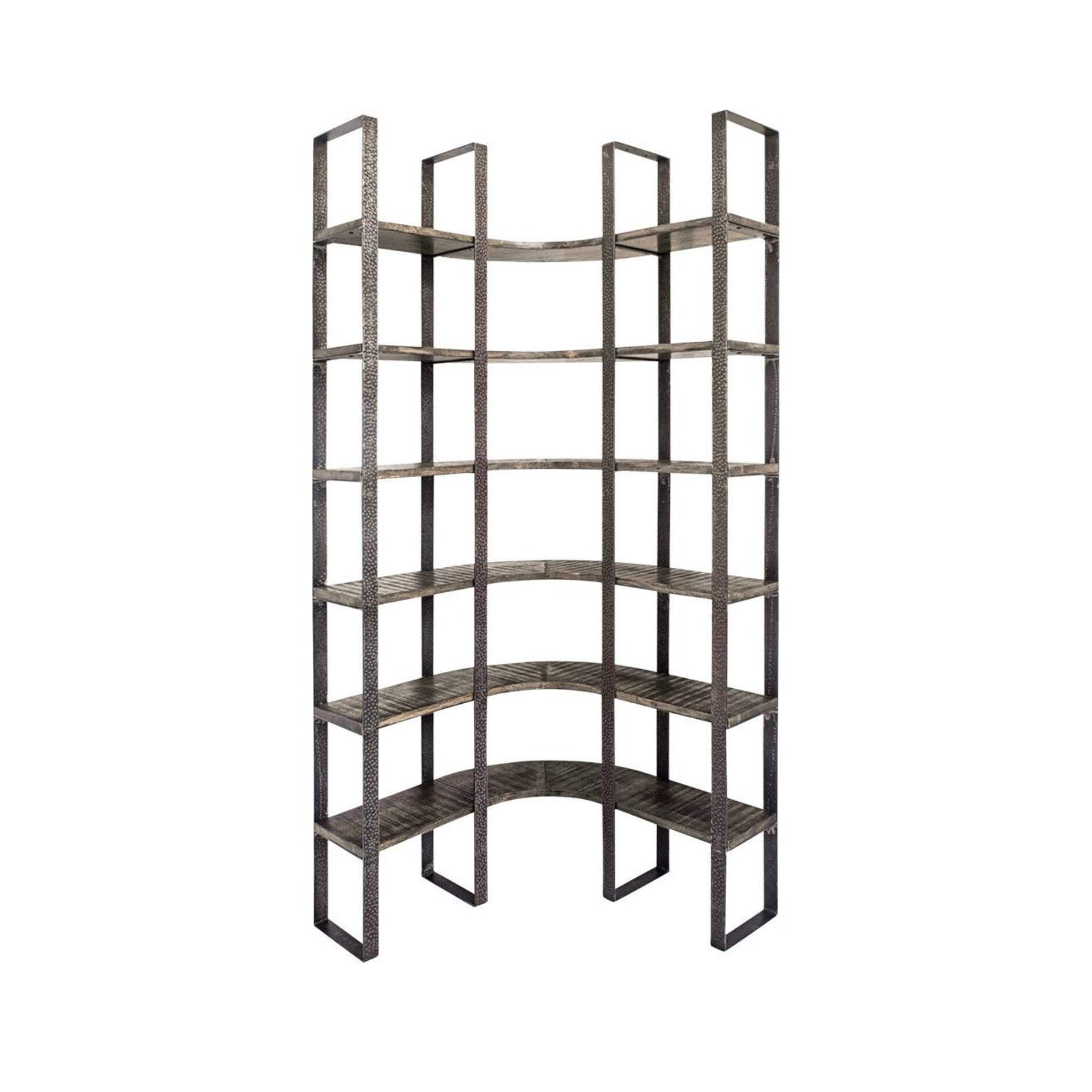 90" Black Iron Frame Curved Wooden Six Tier Shelving - Homeroots - Flyclothing LLC