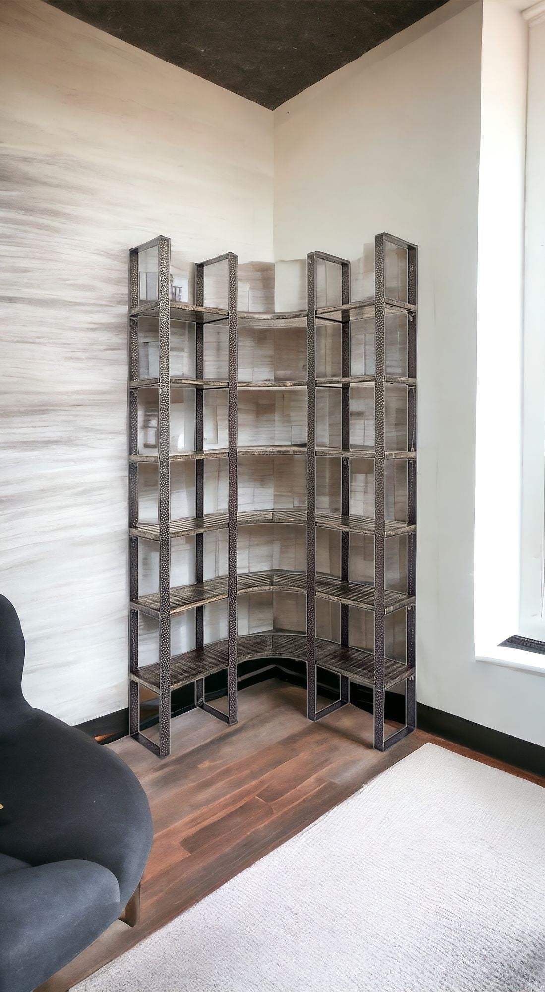 90" Black Iron Frame Curved Wooden Six Tier Shelving - Homeroots - Flyclothing LLC