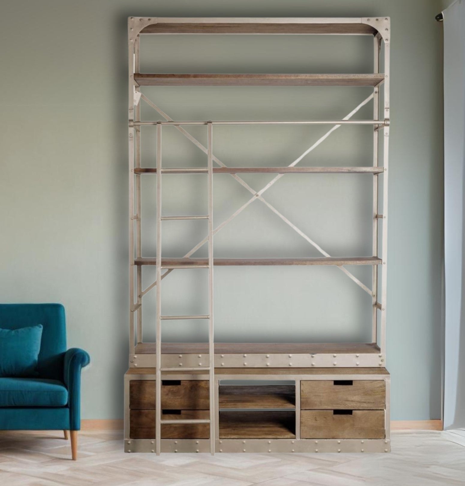 94" Brown Distressed Nickel and Solid Wood Six Tier Bookcase with Four Drawers
