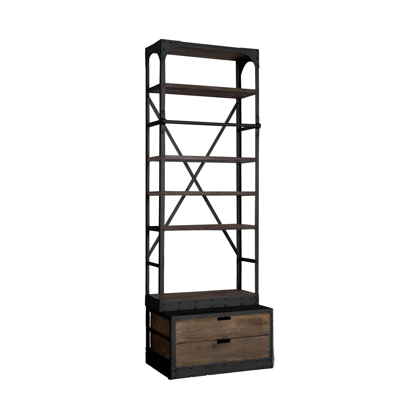 94" Black Distressed Iron and Solid Wood Five Tier Bookcase with Two Drawers - Homeroots - Flyclothing LLC