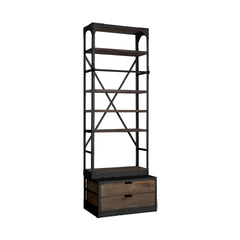 94" Black Distressed Iron and Solid Wood Five Tier Bookcase with Two Drawers