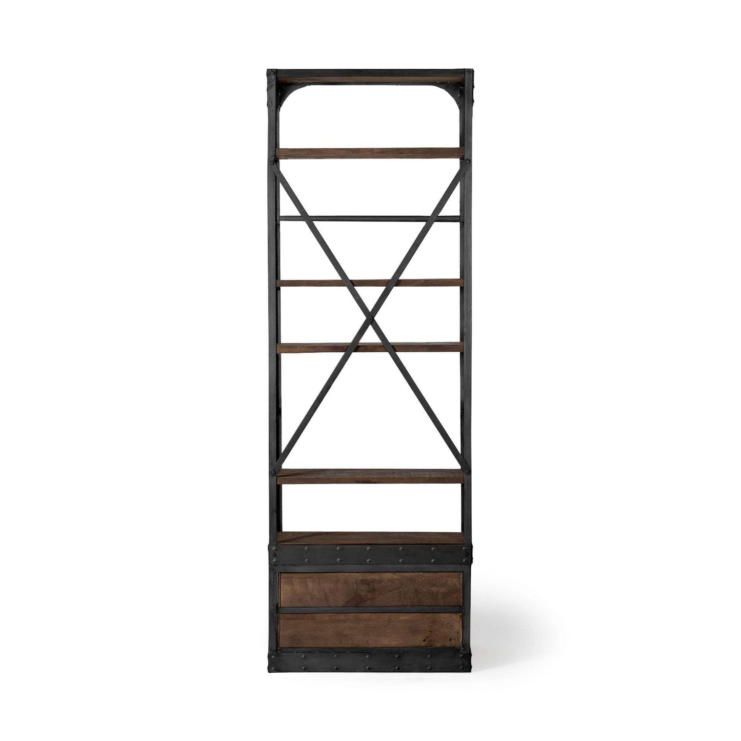 94" Black Distressed Iron and Solid Wood Five Tier Bookcase with Two Drawers - Homeroots - Flyclothing LLC