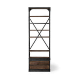 94" Black Distressed Iron and Solid Wood Five Tier Bookcase with Two Drawers - Homeroots - Flyclothing LLC