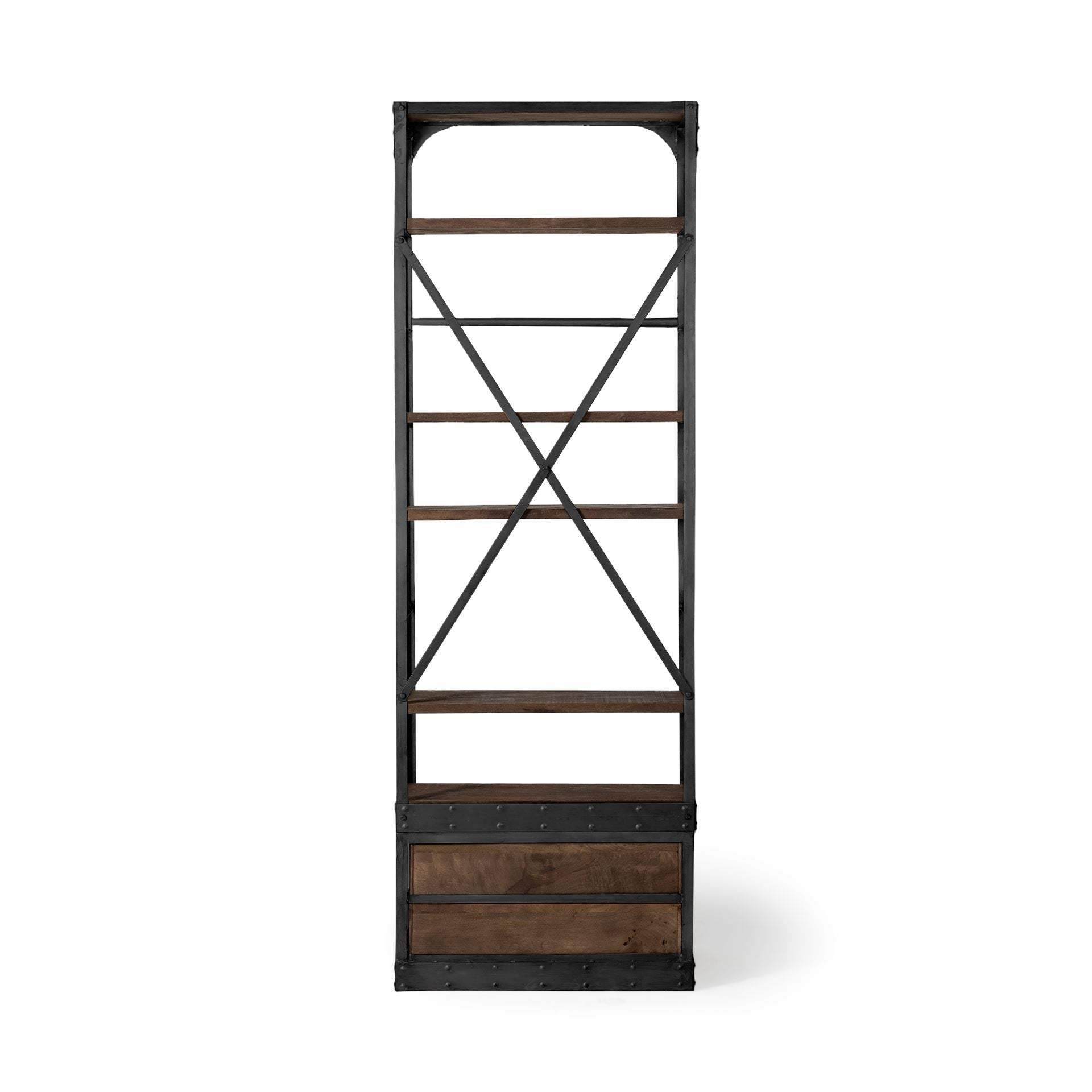 94" Black Distressed Iron and Solid Wood Five Tier Bookcase with Two Drawers - Homeroots - Flyclothing LLC