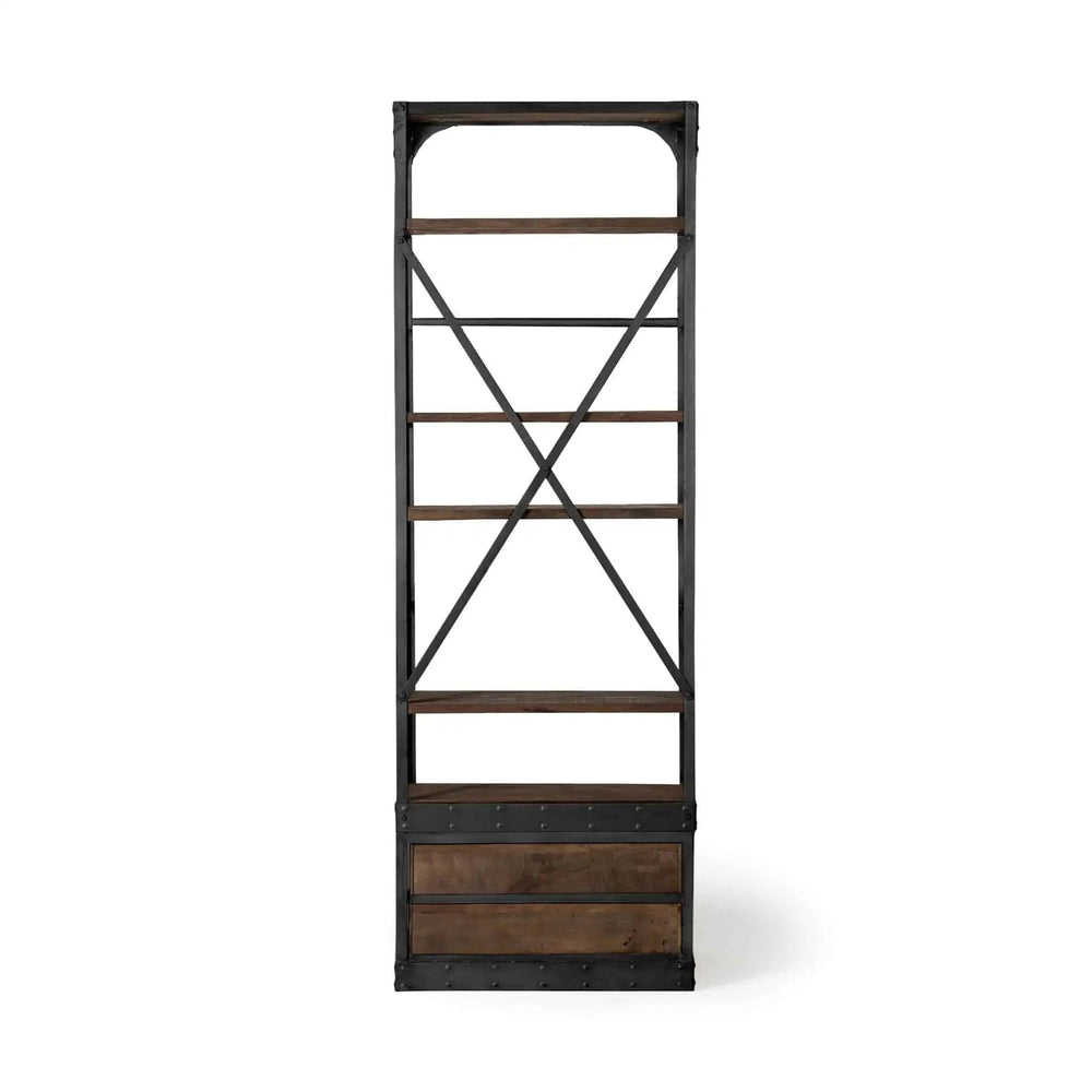 94" Black Distressed Iron and Solid Wood Five Tier Bookcase with Two Drawers - Homeroots